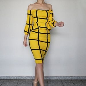 Grid/Plaid Print Peplum Dress w/ Removable Ribbon